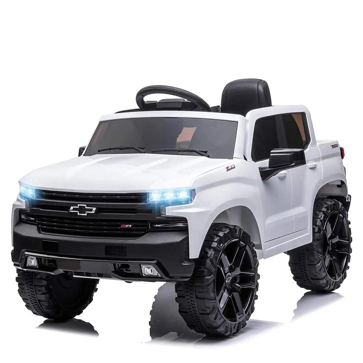 White toy truck with black wheels 