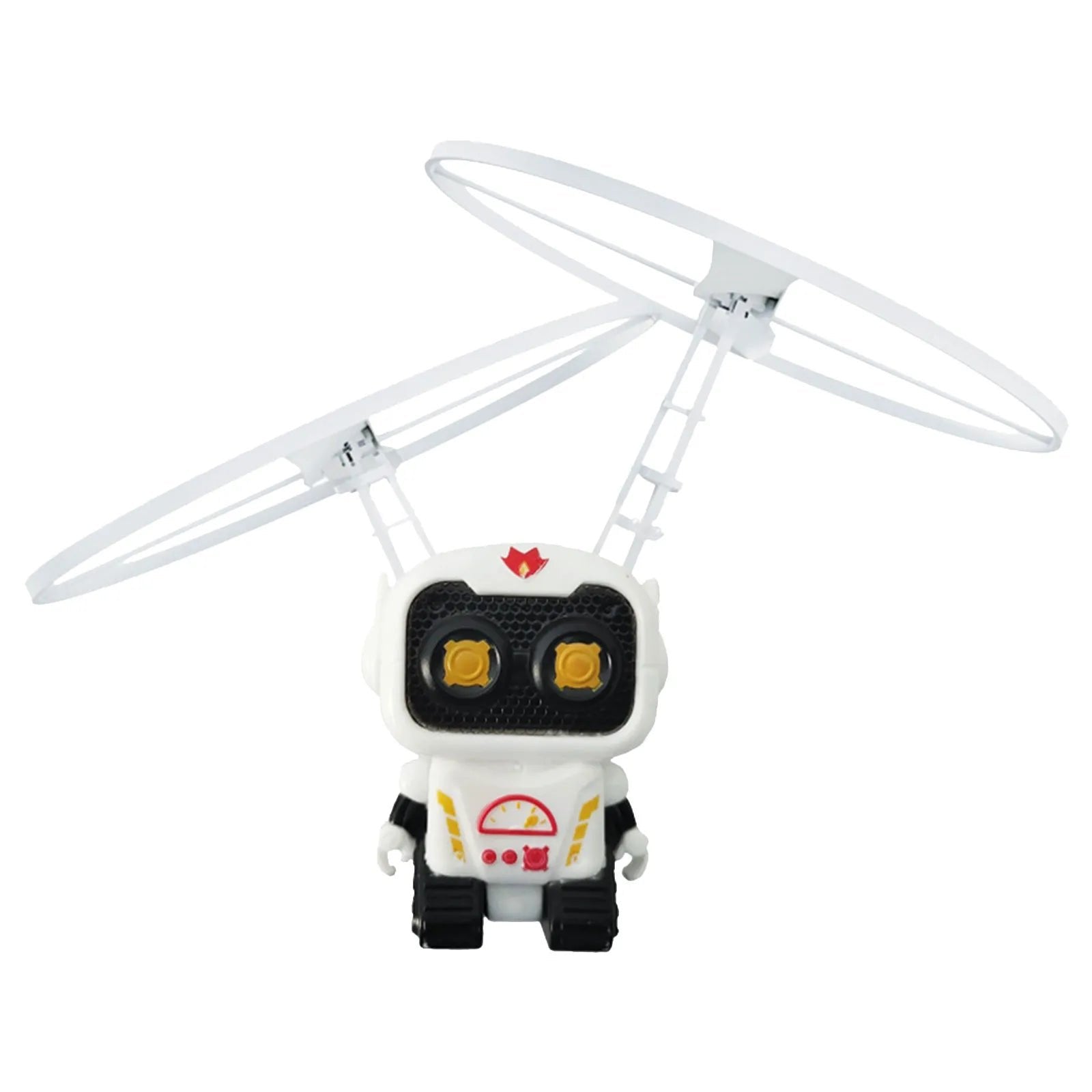 Robot-design flying helicopter toy built for interactive outdoor play with kids.