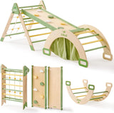 Set of wooden children's play structures with green accents 