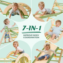 Children playing on a 7-in-1 wooden play structure.