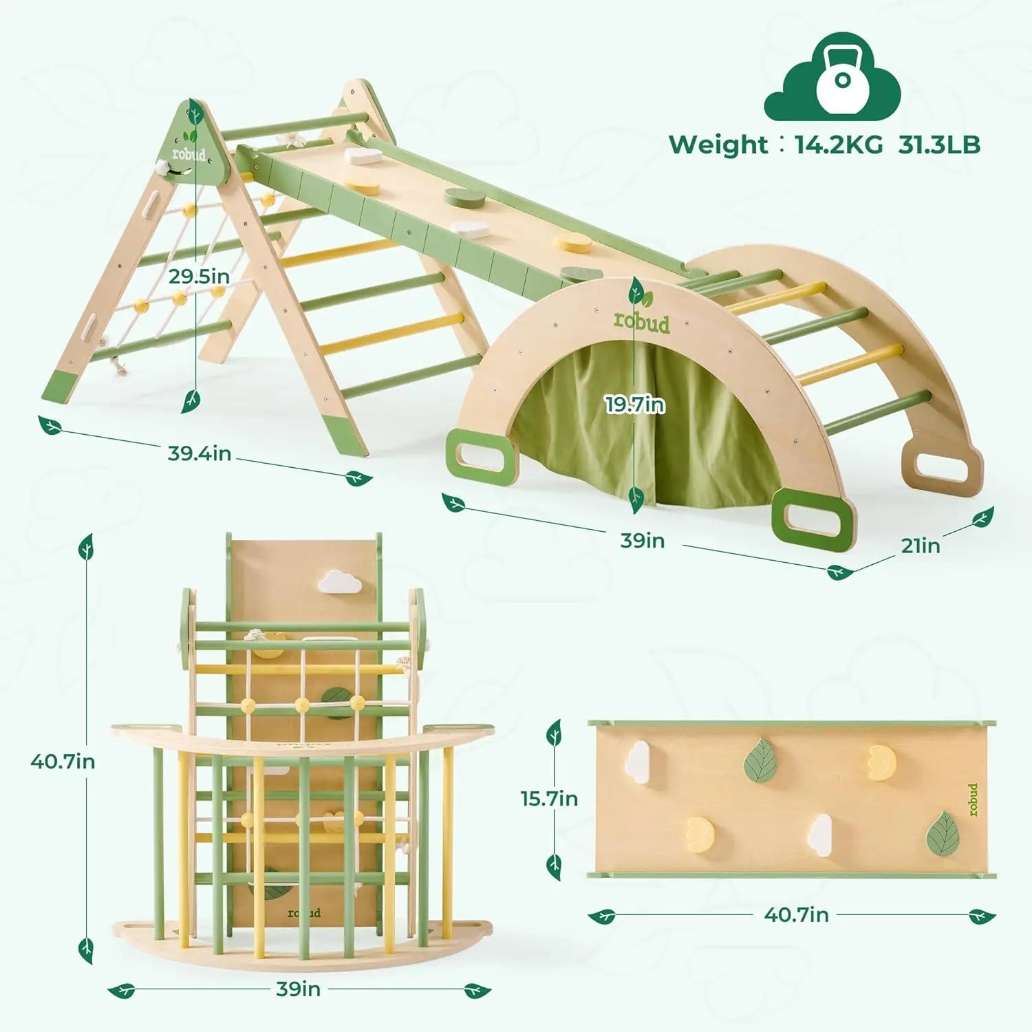 Children's wooden play set with dimensions and weight displayed.