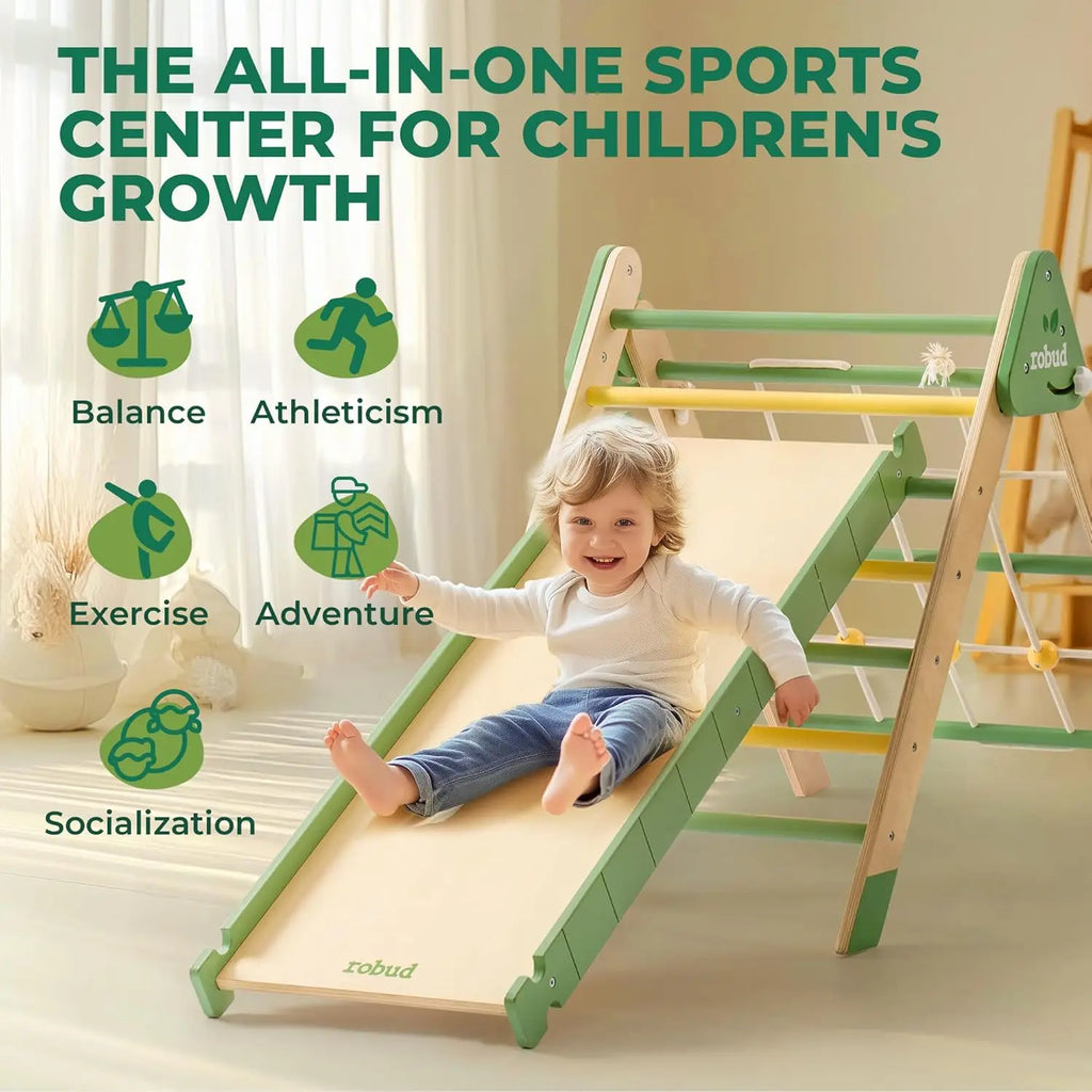 Child playing on a green and wooden slide.