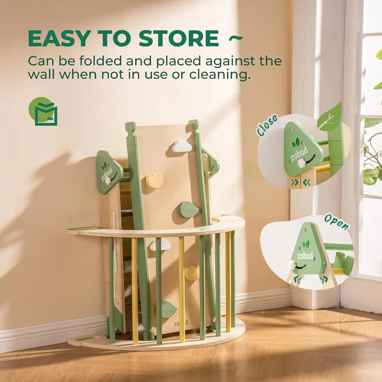 Children's play structure with a storage feature against a wall