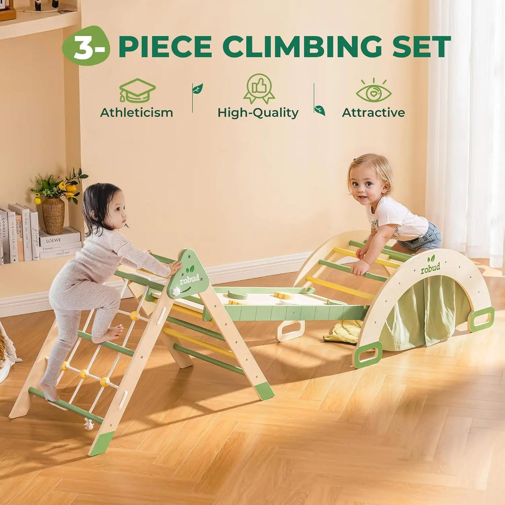 Children playing with a 3-piece climbing set in a room.
