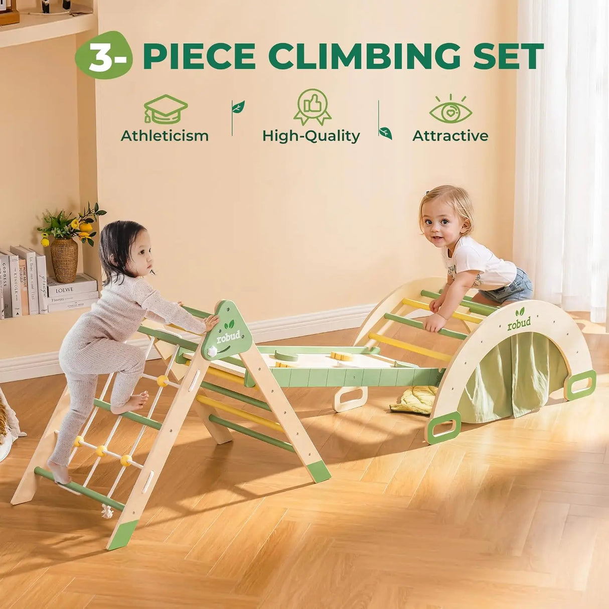 Children playing with a 3-piece climbing set in a room.