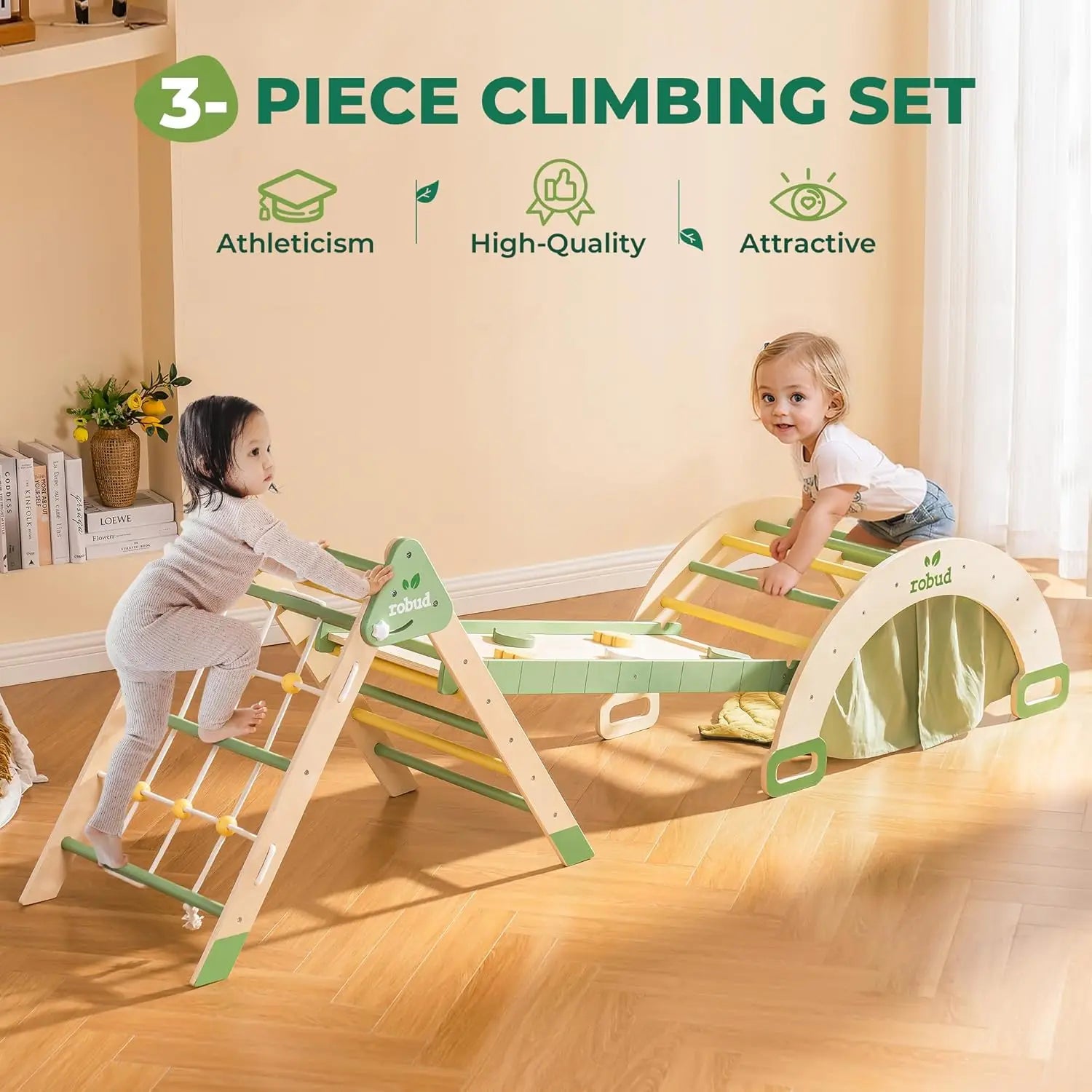 Children playing with a 3-piece climbing set in a room.