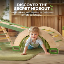 Child playing with a wooden playset on a wooden floor.