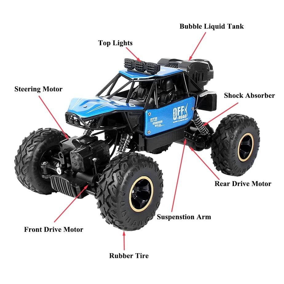 Structure overview of the rock crawler RC car with bubble function, made for kids exploring hands-on remote control play.