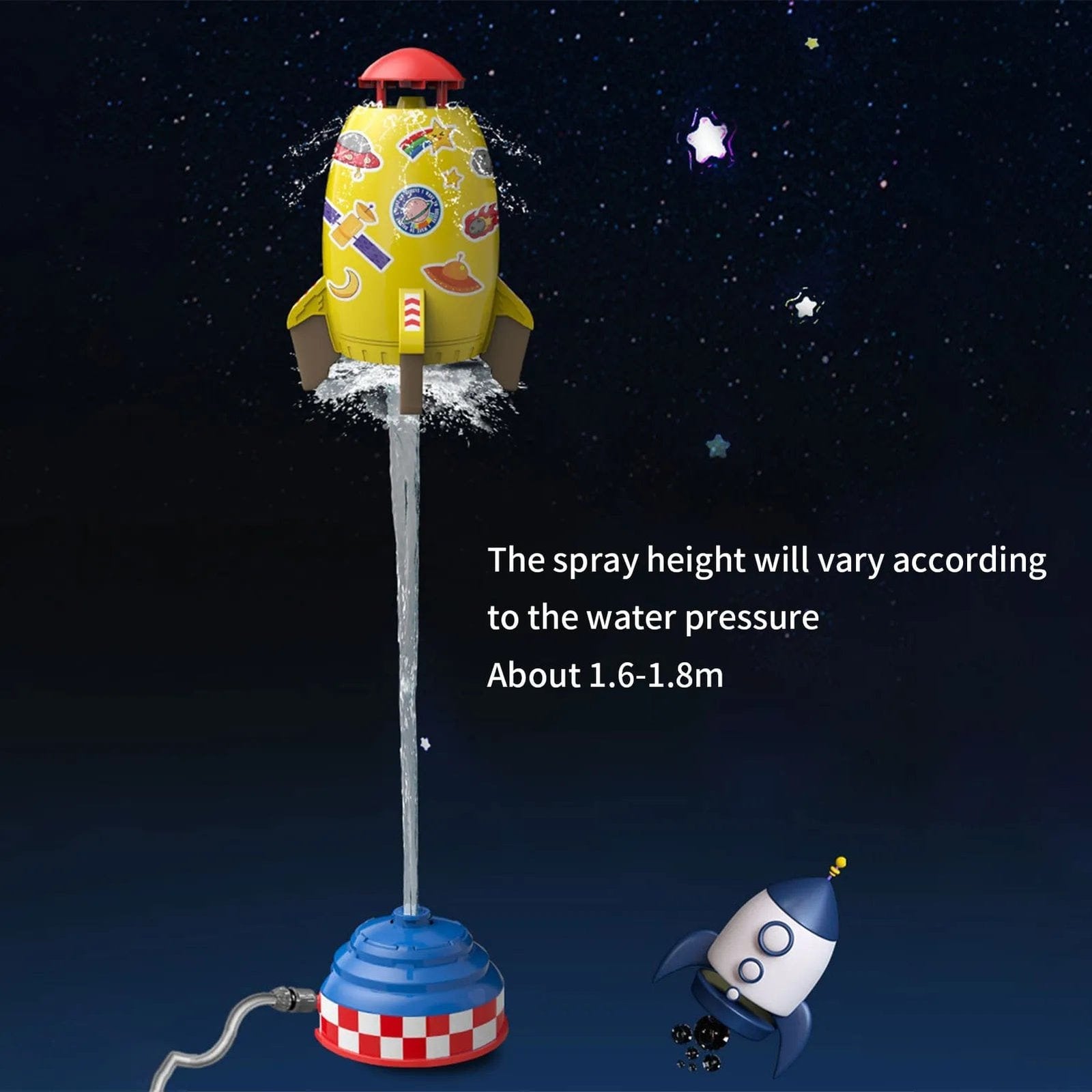 Rocket water sprayer toy against a starry sky graphic, a space-themed splash toy for garden and park play.