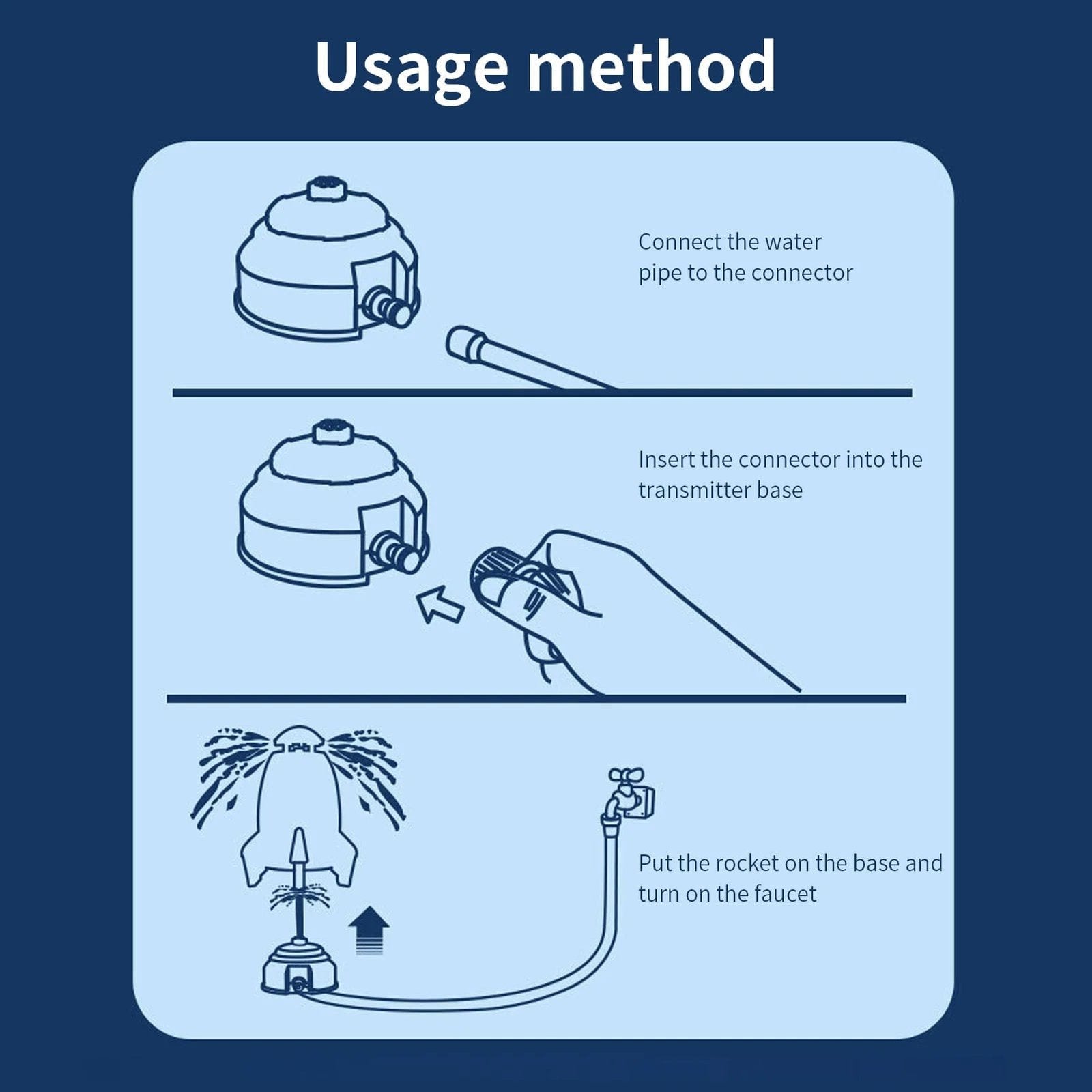 Rocket water sprinkler toy setup guide for connecting the hose and starting backyard water play.