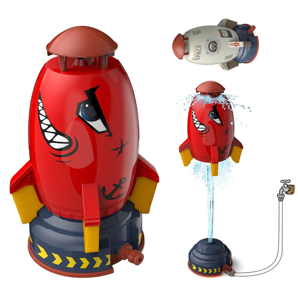 Rocket water sprinkler toy in red for backyard summer play, garden splashing, and outdoor cooling fun.