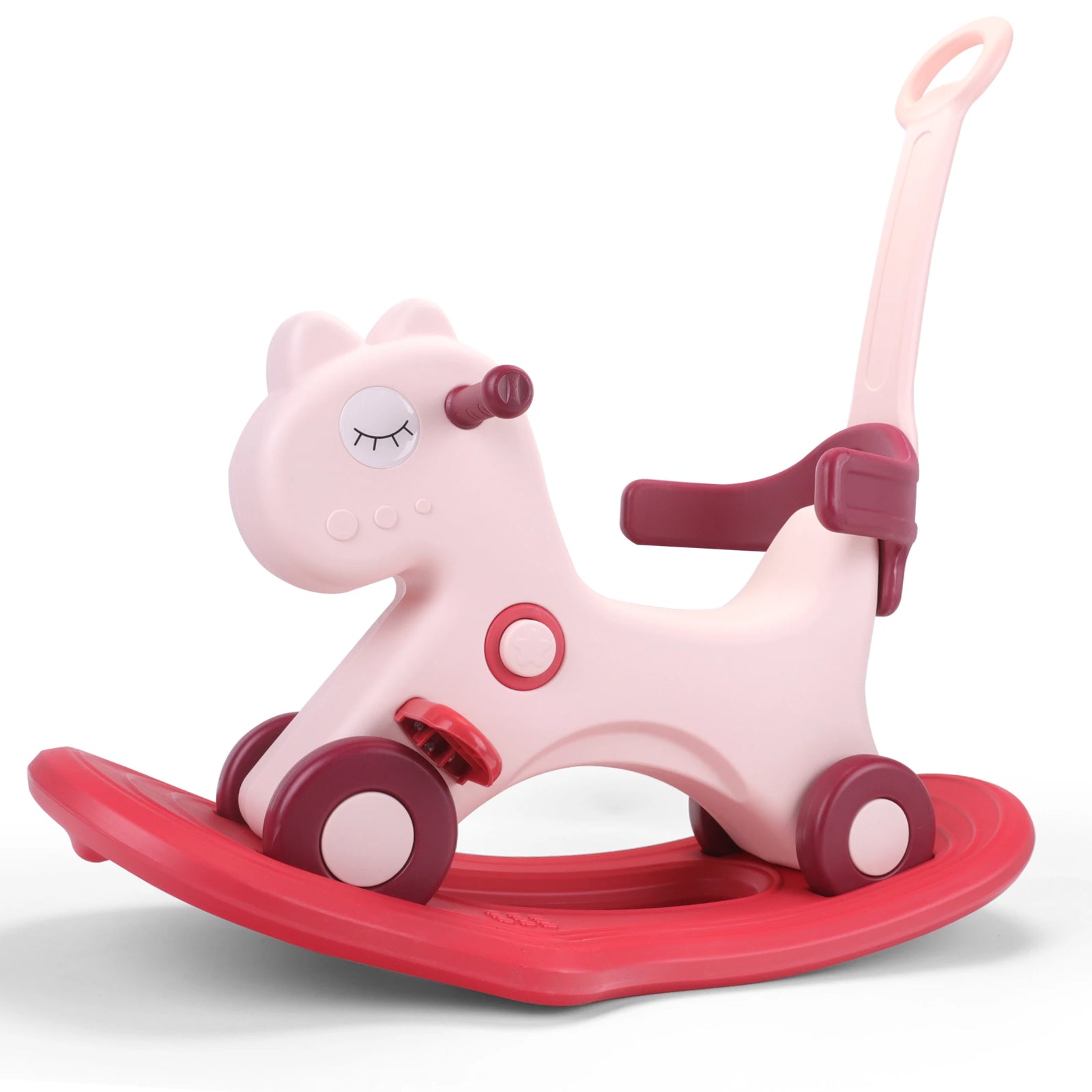 Pink Rocking Horse Ride-On with high back seat for secure toddler seating during play.