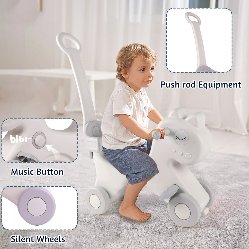 Rocking Horse Ride-On with push rod, music button, and silent wheels for interactive toddler play.