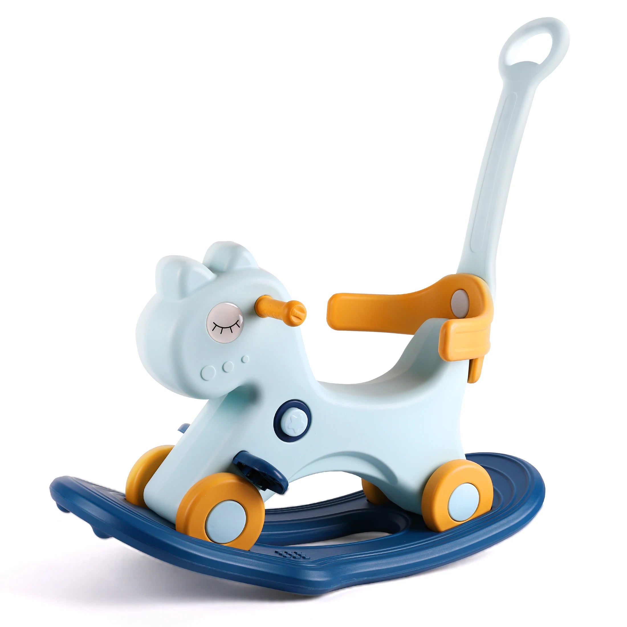 Rocking Horse Ride-On in unicorn design with parent control handle for guided rocking play.