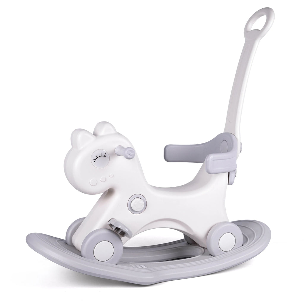 Classic white and gray Rocking Horse Ride-On with safety push handle for nursery play.