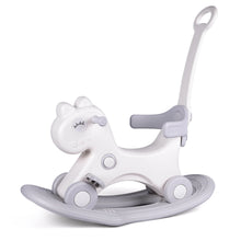 Classic white and gray Rocking Horse Ride-On with safety push handle for nursery play.