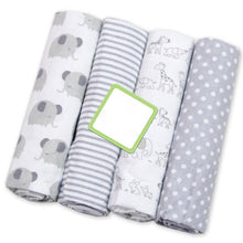 Rolled muslin baby swaddle blankets in animal prints, a 4pcs cotton set for swaddling, pram covers, and tummy time.