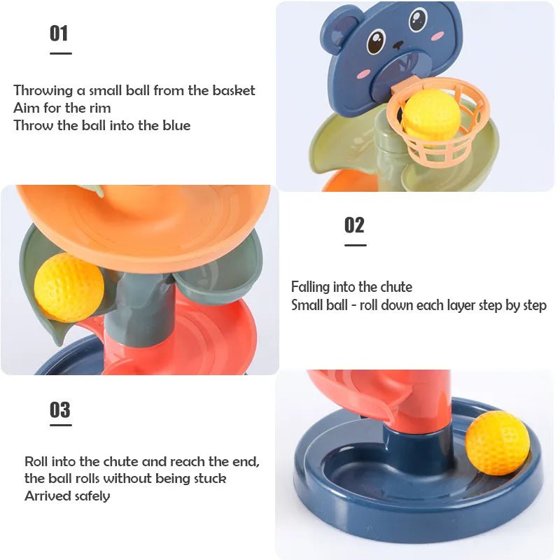 Rolling Ball Track Tower with assembly instructions diagram for quick setup and educational play.