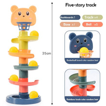 Rolling Ball Track Tower bear-design playset with basketball hoop for imaginative educational play.