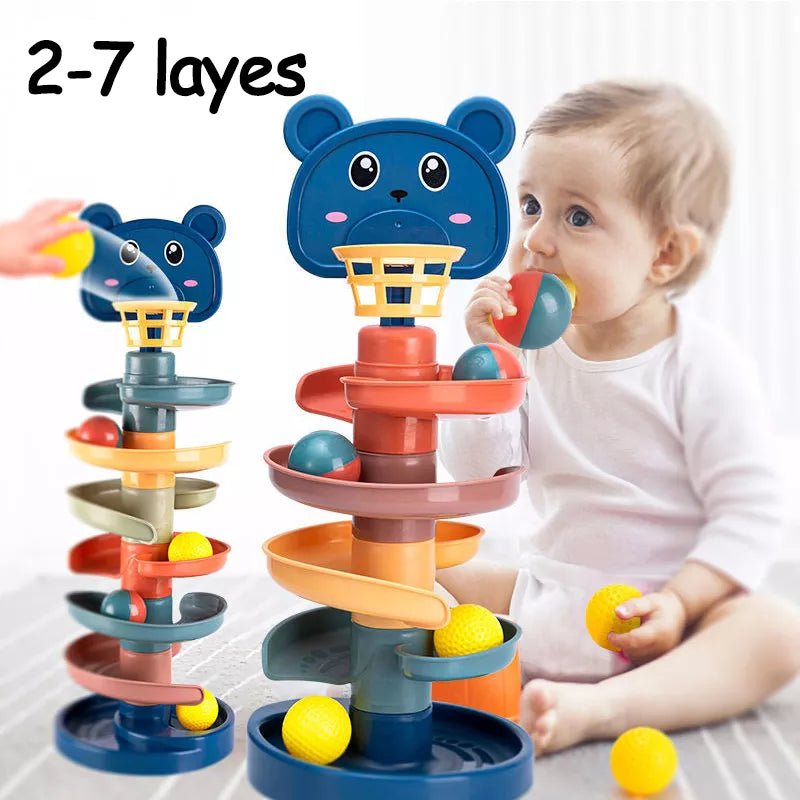 Rolling Ball Track Tower bear-design marble run toy for toddler STEM play and hands-on learning.