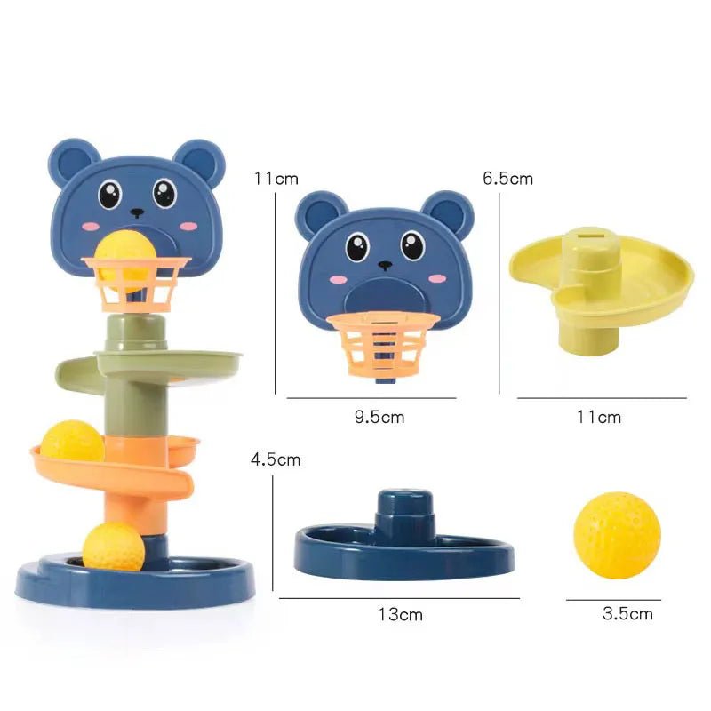 Rolling Ball Track Tower bear-shaped design with size measurement chart for easy toy selection.