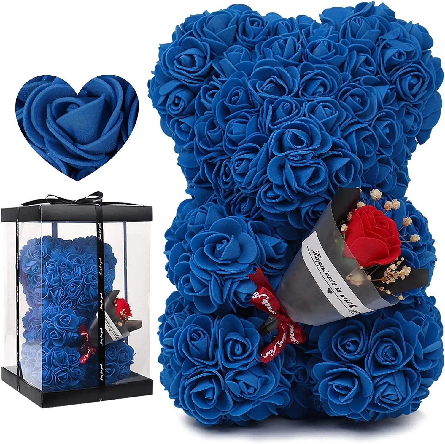 Blue Rose Bear paired with a heart of roses and a boxed mini bear, a romantic keepsake for her on special occasions.