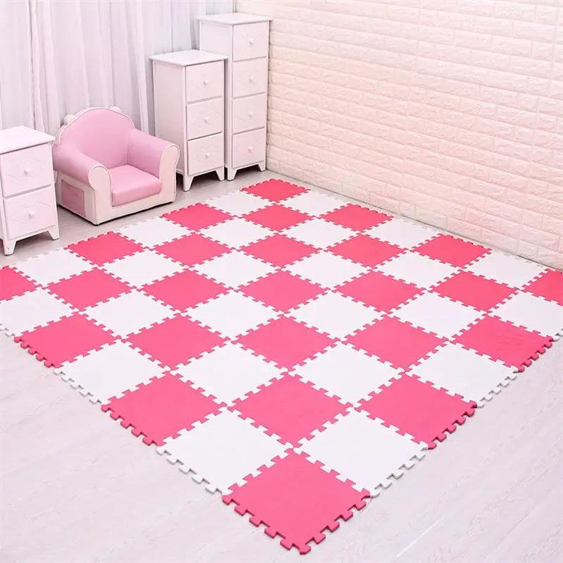 Rose and white EVA foam puzzle mat 24-piece set for an expanded baby play room.