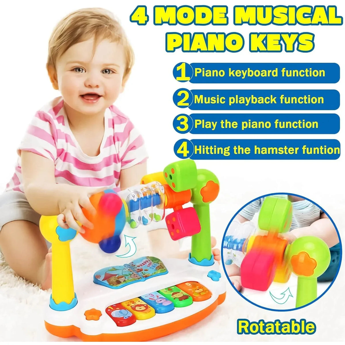 Toddler playing with a musical piano toy beside a list of four piano modes