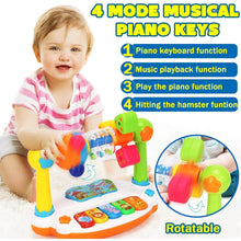 Toddler playing with a musical piano toy beside a list of four piano modes