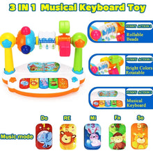 Piano toy with callouts for rolling beads, bright rotatable colors and a musical keyboard with five animal keys