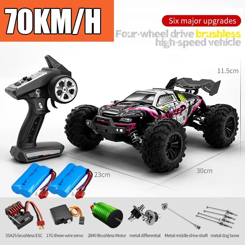 Rugged brushless 75KM/H RC Monster Truck with specifications and accessories built for tough off-road conditions.