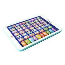 Teal-framed kids' learning tablet toy with picture keys and colorful number keys at an angle