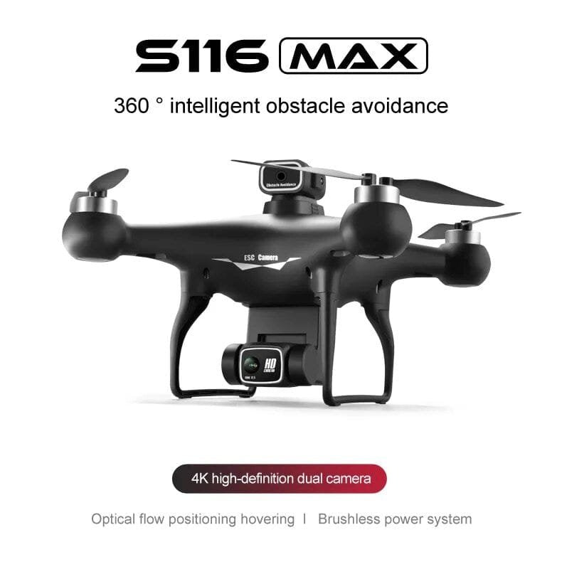 S116 MAX black foldable quadcopter for aerial photography, compact travel packing, and hobby flying.