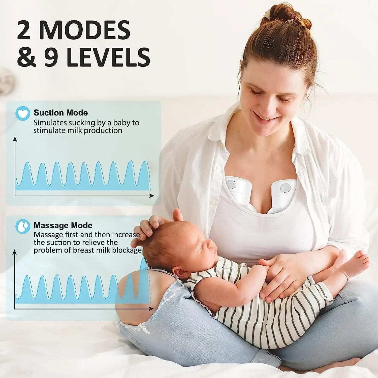 S12 wearable breast pump modes explained for comfortable milk expression while holding and caring for baby.