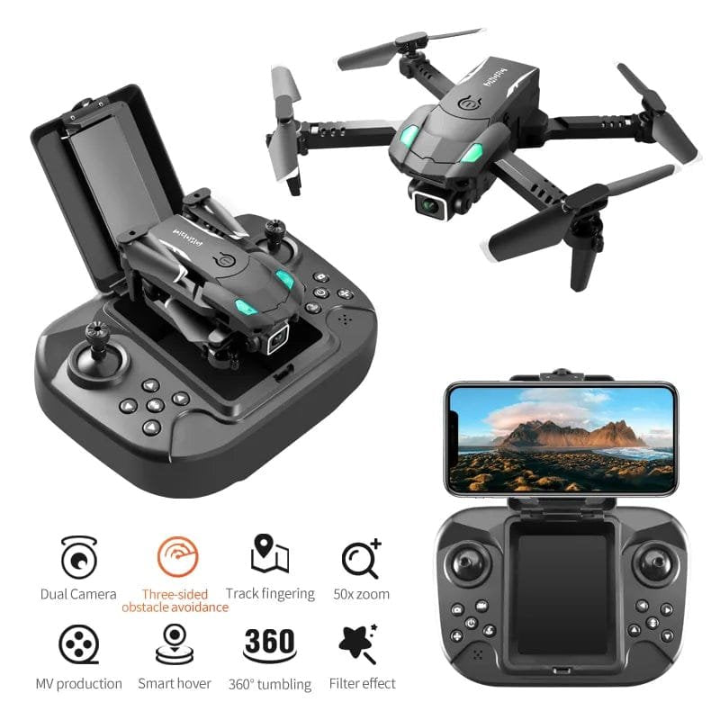 S128 drone with controller and smartphone live view for app-based flying, framing shots, and photo sharing.