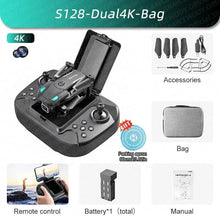 S128 foldable drone remote control and accessory layout for quick setup before aerial photography flights.