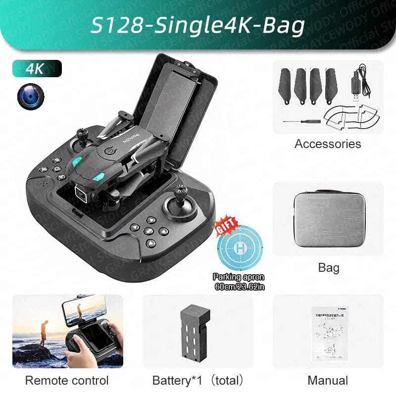 S128 mini drone accessory kit with remote, battery, and spare parts for longer flights and easy maintenance.