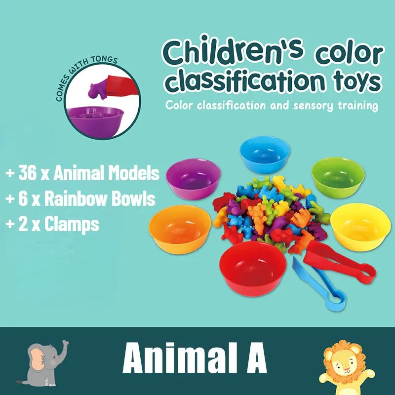 Children's color-classification toys featuring animal models and rainbow bowls.