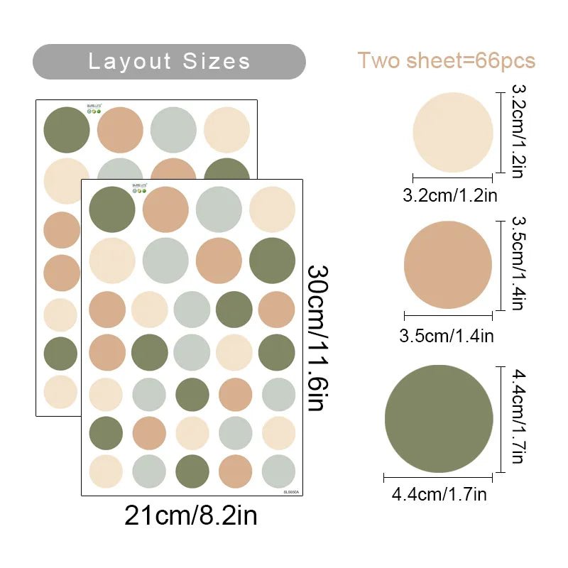Color swatch chart with layout sizes and dimensions.
