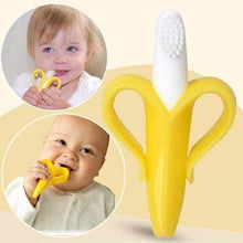 Safe baby banana teether toy used by little ones for gum relief, teething comfort, and early brushing habits.