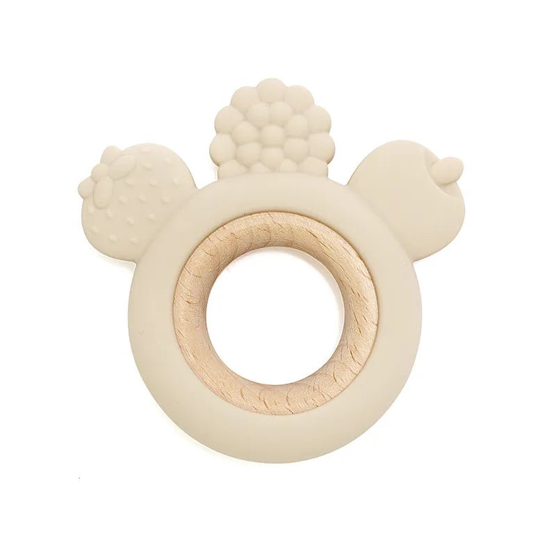 Beige teething ring with a natural wood center