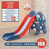 Children's slide with red and blue design on a wooden floor, featuring text and product details.