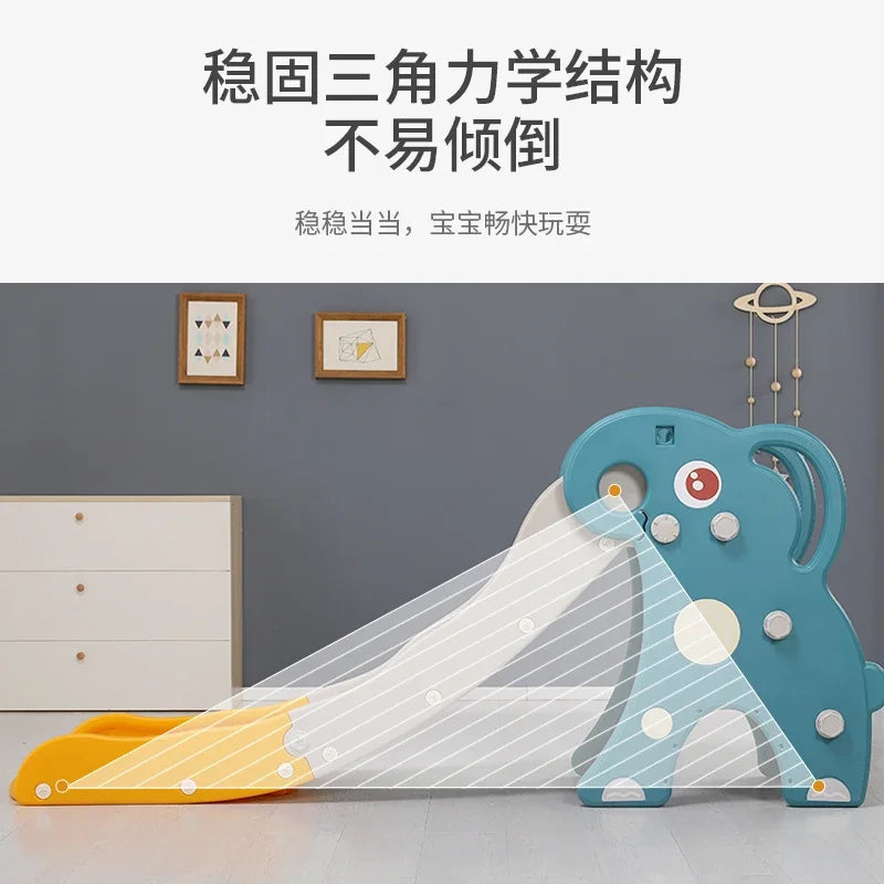 Children's slide with blue and yellow design in a room setting