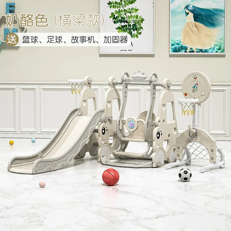 Children's playground set with slide and swing in a room with decor elements.