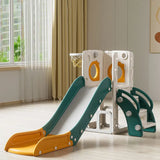 Children's slide with basketball hoop in a room with a window and curtains.