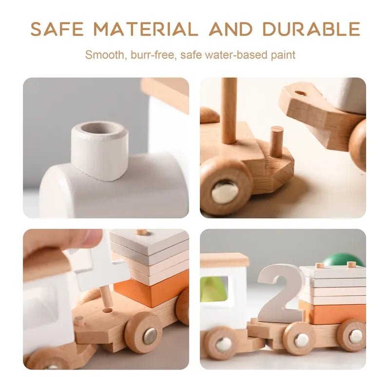 Montessori wooden train and trolley playset highlighting safe, durable material for everyday toddler play.