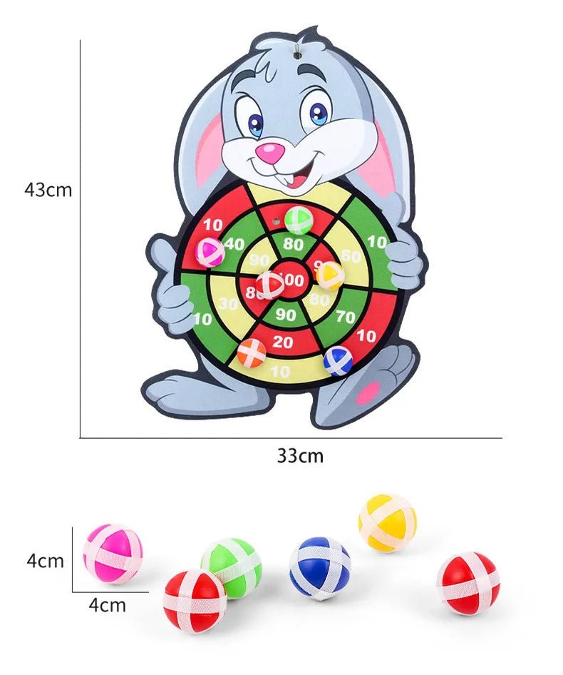 Cartoon character holding a dartboard with colorful darts.