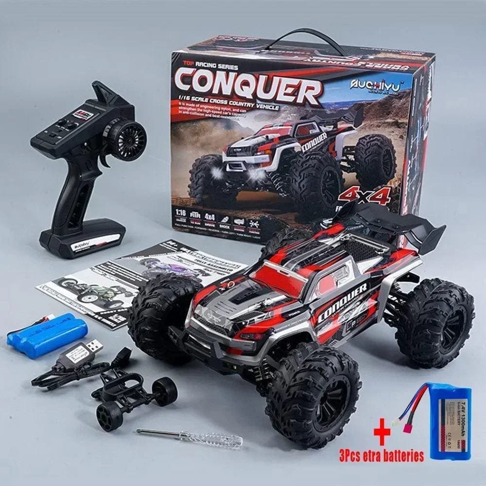 Toy truck with remote control, batteries, and accessories