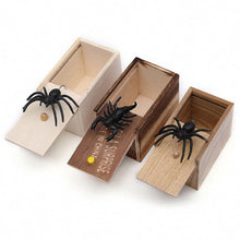 Scary spider prank boxes displayed as a wooden novelty toy set for pranks, party favours, and gifting.