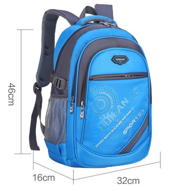 Blue and gray backpack with measurements